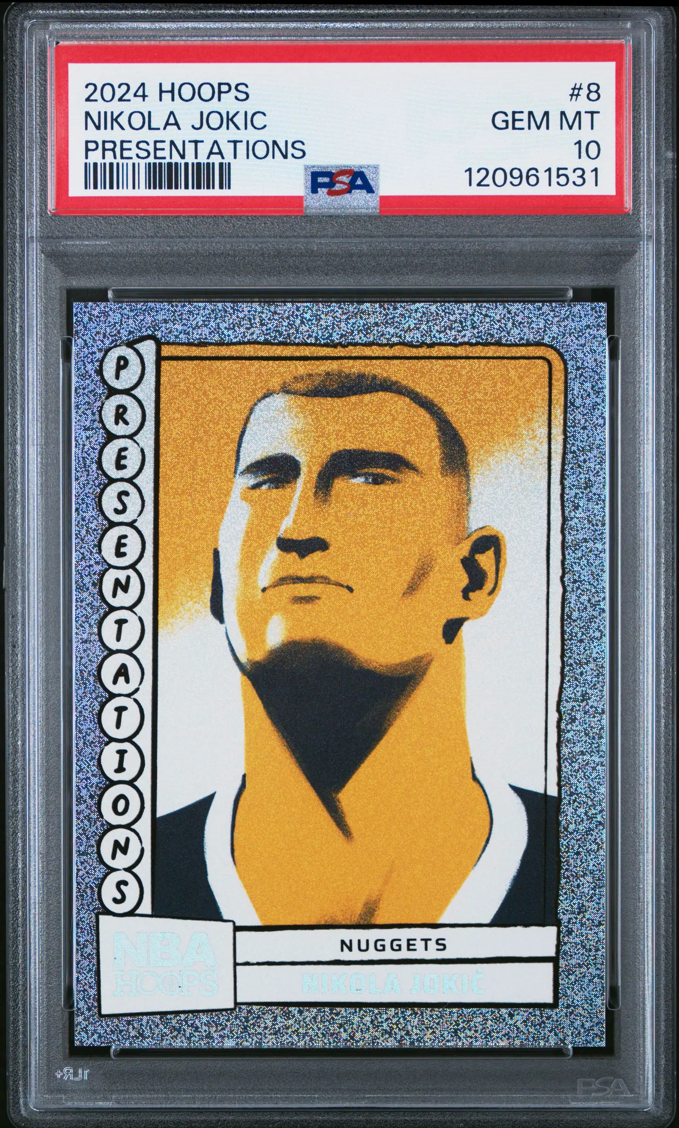 2024-25 Panini NBA Hoops Presentations #8 — screenprint-style portrait of Nikola Jokić
