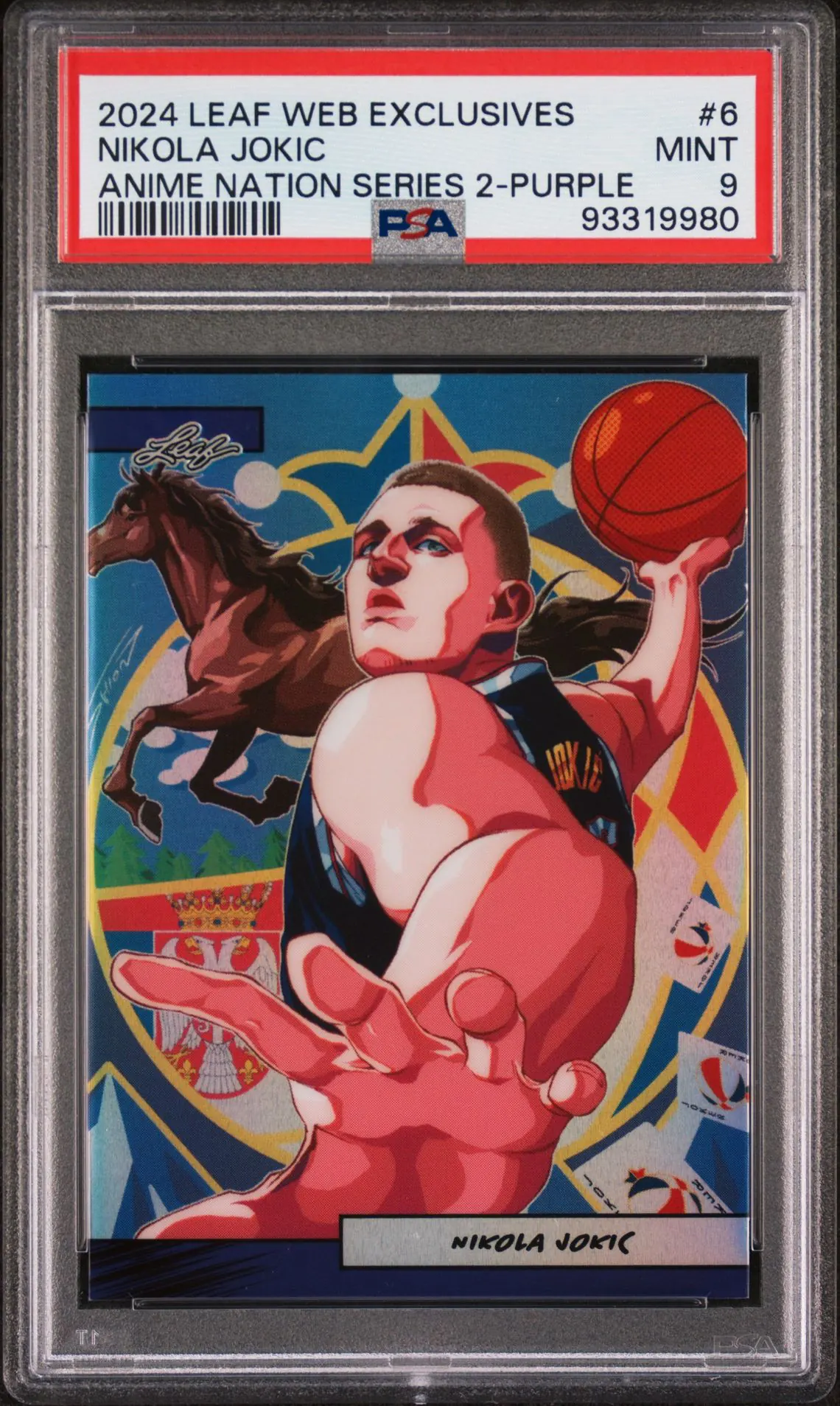 2024 Leaf Web Exclusives Anime Nation Series 2 Purple #6 — anime-style Jokić with a galloping horse and the Serbian coat of arms