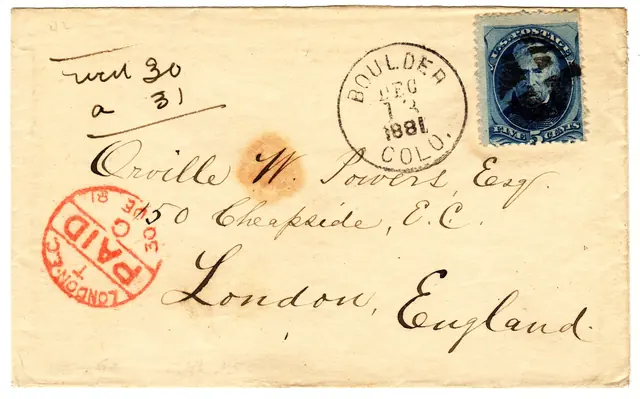 1881 cover postmarked Boulder, Colorado, addressed to London, England